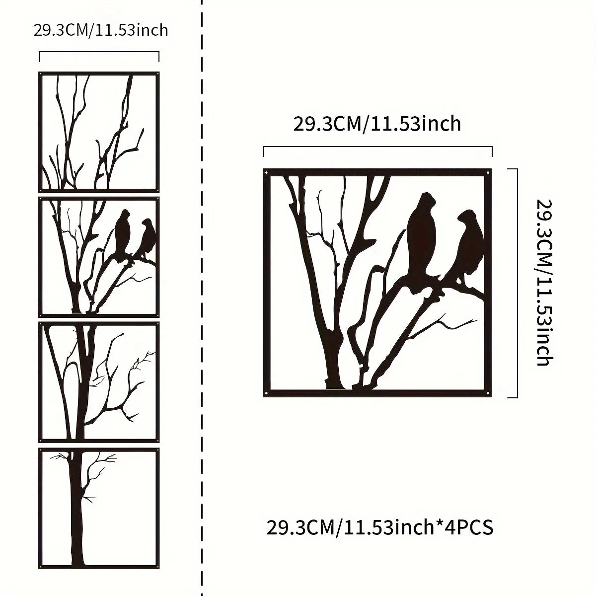 4pcs Large Black Metal Bird Branch Wall Art