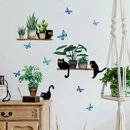 Green Plant Potted Black Cat Wall Sticker