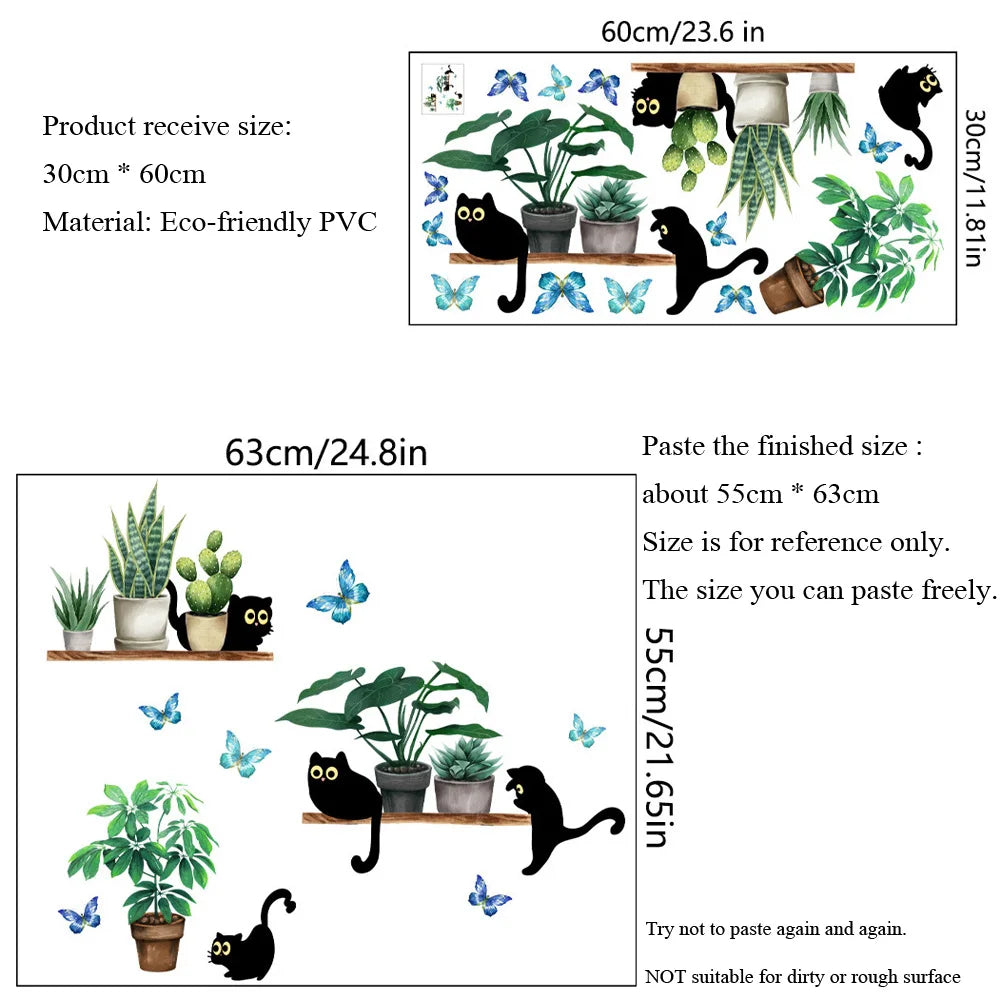 Green Plant Potted Black Cat Wall Sticker