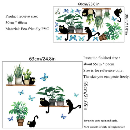 Green Plant Potted Black Cat Wall Sticker