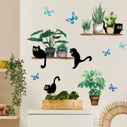 Green Plant Potted Black Cat Wall Sticker