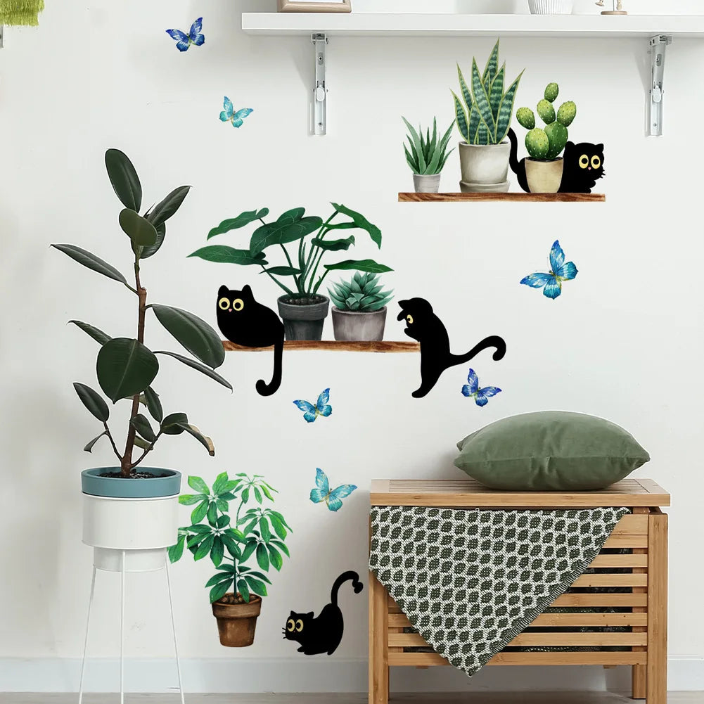 Green Plant Potted Black Cat Wall Sticker