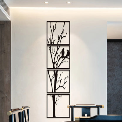 4pcs Large Black Metal Bird Branch Wall Art