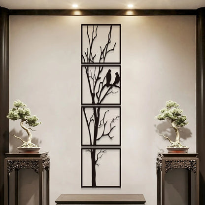 4pcs Large Black Metal Bird Branch Wall Art