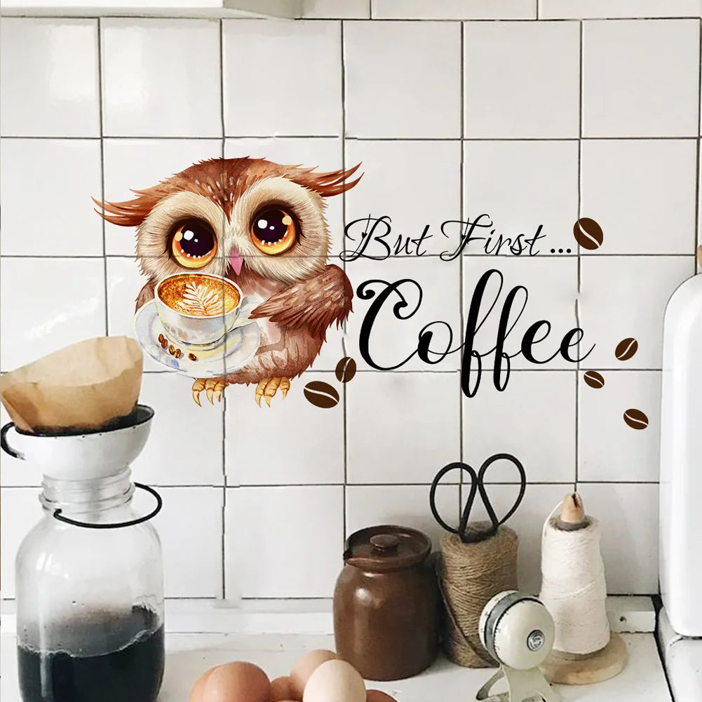 Cartoon Owl Coffee Cup Wall Sticker