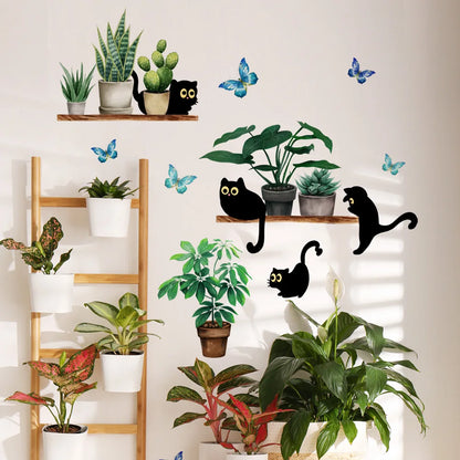 Green Plant Potted Black Cat Wall Sticker